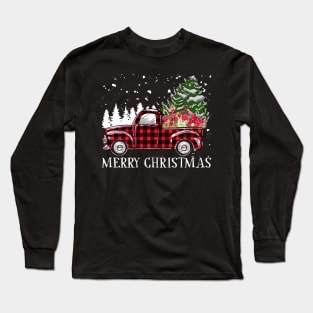 Merry Christmas Truck Tree Red Buffalo Plaid Xmas Pajamas Long Sleeve T-Shirt